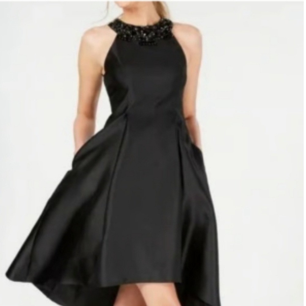 Adrianna Papell Black Mikado Fit Flare High Low Embellished Party‎ Dress 12